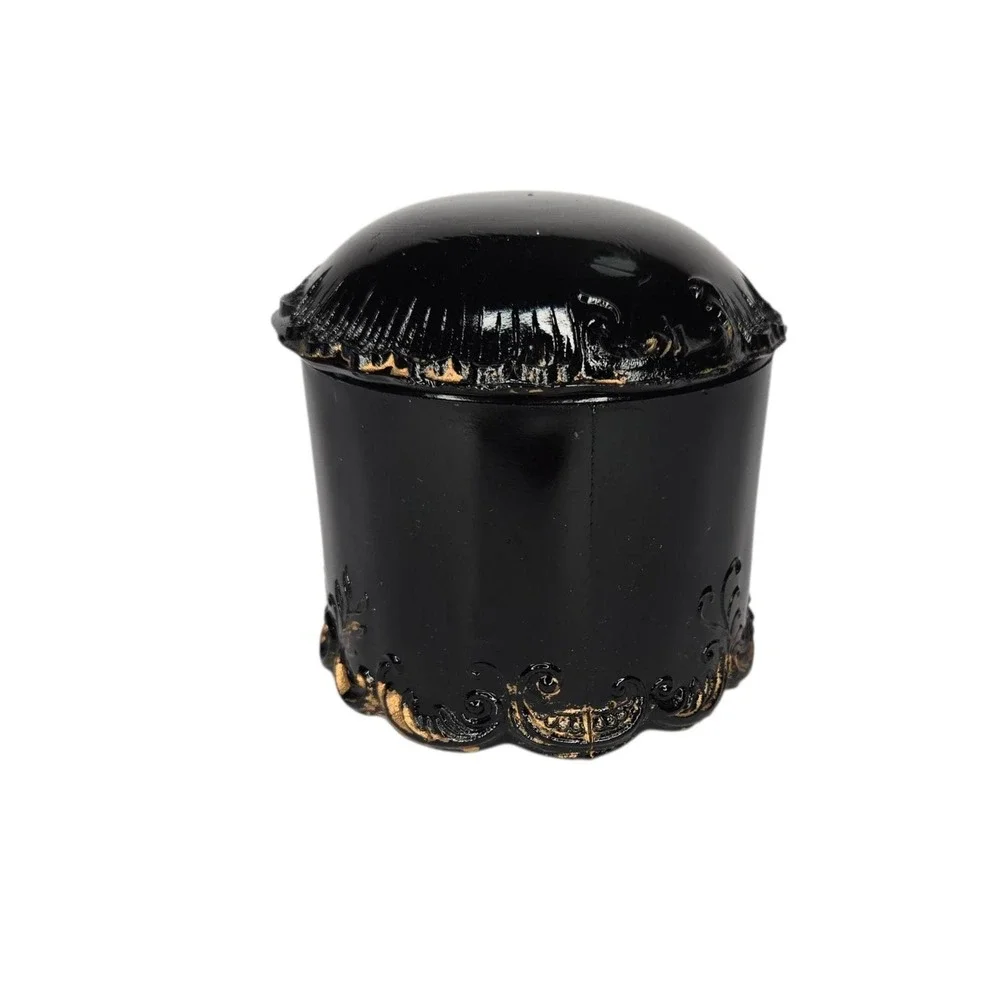 Antique Victorian Black Glass Vanity Powder Lidded Jar With Gold Trim Cottage